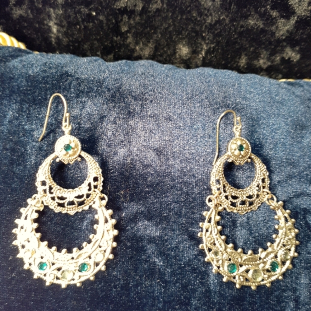 Two Tier Gold Tone, Green Rhinestone Crescent